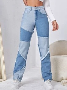 High Waist Colourblock Straight Leg Jeans - Medium Wash - View 5