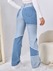 High Waist Colourblock Straight Leg Jeans - Medium Wash - View 2