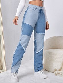 High Waist Colourblock Straight Leg Jeans - Medium Wash - View 3