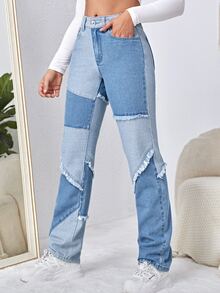 High Waist Colourblock Straight Leg Jeans - Medium Wash - View 4