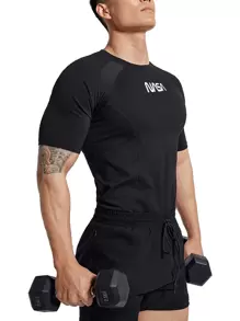 Manfinity Athleisure Men Letter Graphic Sports Tee Workout Tops Compression Shirt Men - Black - View 1