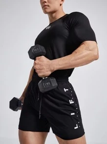 Manfinity Athleisure Men Letter Graphic Sports Tee Workout Tops Compression Shirt Men - Black - View 4