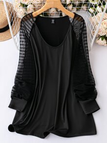 SHEIN LUNE Camiseta de malla en contraste de manga raglán - Negro - Ver 1