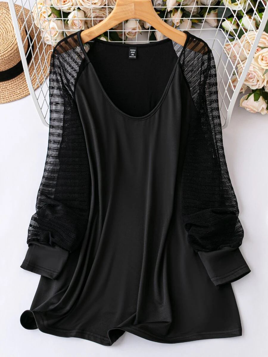 SHEIN LUNE Camiseta de malla en contraste de manga raglán - Negro - Ver 1