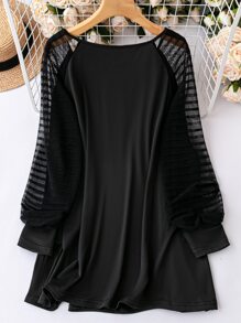 SHEIN LUNE Camiseta de malla en contraste de manga raglán - Negro - Ver 2