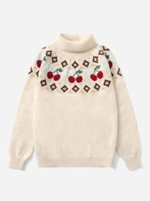 SHEIN LUNE Plus Geo & Cherry Pattern Turtleneck Raglan Sleeve Jumper - Beige - View 3
