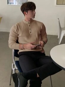 DAZY 男士半扣罗纹针织秋季毛衣夏季 - 卡其色 - 查看 2