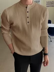 DAZY 男士半扣罗纹针织秋季毛衣夏季 - 卡其色 - 查看 3