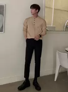 DAZY 男士半扣罗纹针织秋季毛衣夏季 - 卡其色 - 查看 4