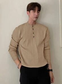 DAZY 男士半扣罗纹针织秋季毛衣夏季 - 卡其色 - 查看 5