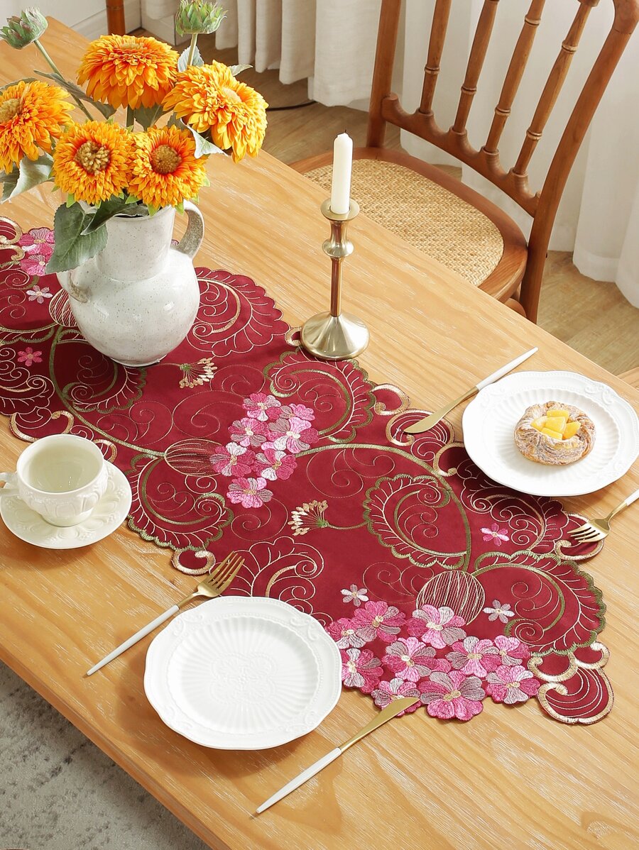 Floral Embroidered Scallop Trim Table Runner - Multicolor - View 1