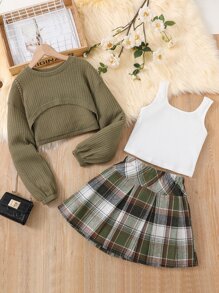 少女鬆緊肩蝴蝶短tee + 格紋短裙 + 清涼背心上衣 - 彩色 - 查看 3