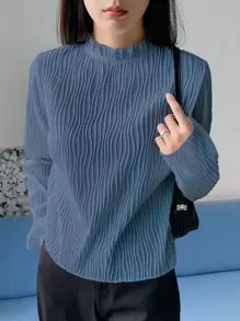 DAZY Frill Neck Keyhole Back Tee,Fall Clothes Long Sleeve Women Tops - Dusty Blue - View 4