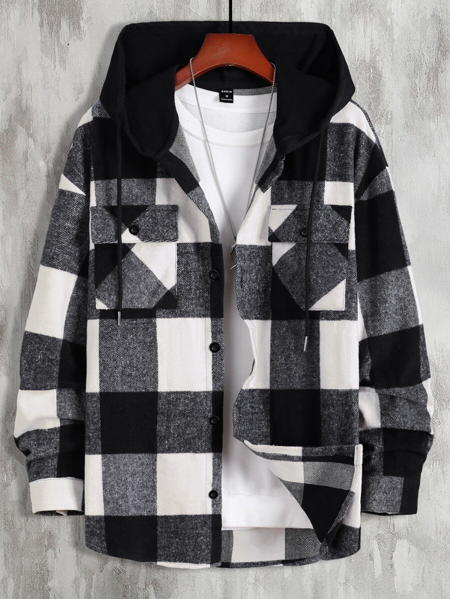 Manfinity Men Buffalo Plaid Print Drop Shoulder Drawstring Hooded Coat Without Tee - Black and White - View 1