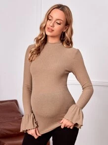 SHEIN 孕婦小高領荷葉袖羅紋針織T恤 - 駝色 - 查看 5