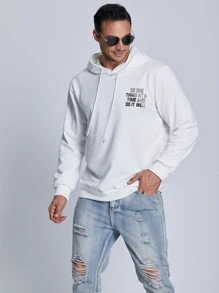 Manfinity Men Plus Slogan Graphic Drawstring Hoodie - White - View 2