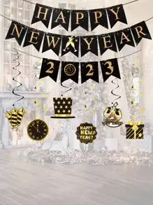 7pcs Letter Graphic Gift Box & Bell Decor Hanging Swirl Decoration Set - Multicolor - View 1