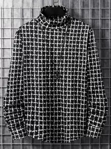 Manfinity Hombres Camiseta con estampado de cuadros de cuello alto - Blanco y Negro - Ver 1