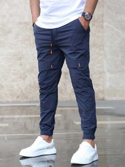 بنطلون رجالي بخصر مطاطي أزرق داكن سادة للخروج، خريف