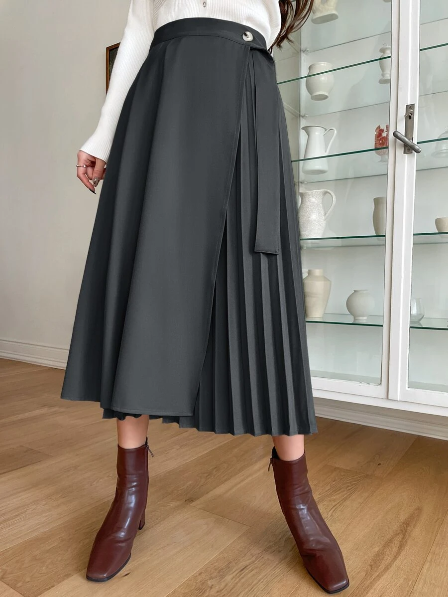 DAZY Single Button Pleated Detail Wrap Skirt - Dark Grey - View 1