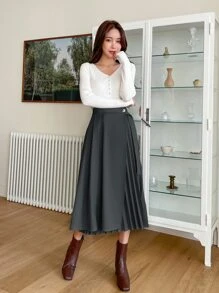 DAZY Single Button Pleated Detail Wrap Skirt - Dark Grey - View 4