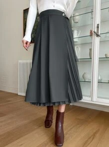 DAZY Single Button Pleated Detail Wrap Skirt - Dark Grey - View 5
