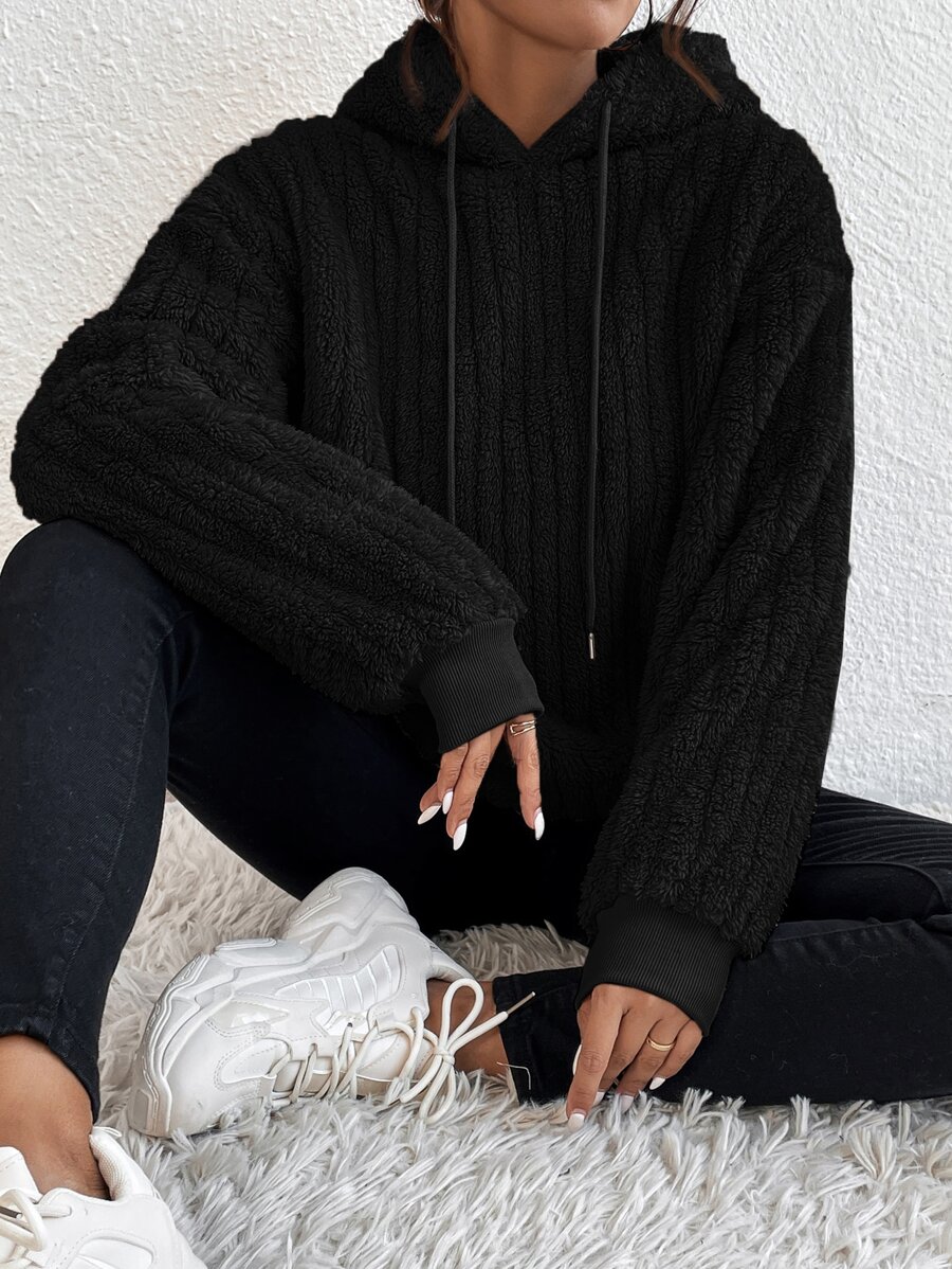 SHEIN EZwear 落肩袖抽繩毛絨帽衫 - 黑色 - 查看 1