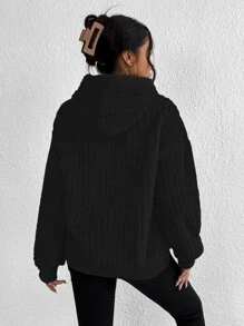 SHEIN EZwear 落肩袖抽繩毛絨帽衫 - 黑色 - 查看 2