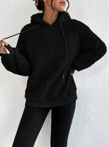 SHEIN EZwear 落肩袖抽繩毛絨帽衫 - 黑色 - 查看 3
