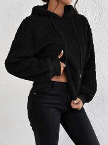 SHEIN EZwear 落肩袖抽繩毛絨帽衫 - 黑色 - 查看 4