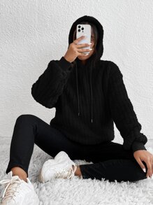 SHEIN EZwear 落肩袖抽繩毛絨帽衫 - 黑色 - 查看 5