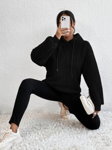 SHEIN EZwear 落肩袖抽繩毛絨帽衫 - 黑色 - 查看 6