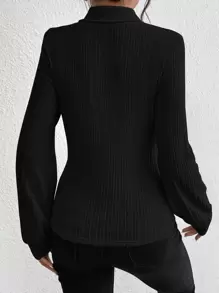 SHEIN Privé Cut Out Mock Neck Lantern Sleeve Tee - Black - View 2