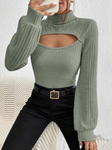SHEIN Privé Cut Out Front Mock Neck Tee - Green - View 1