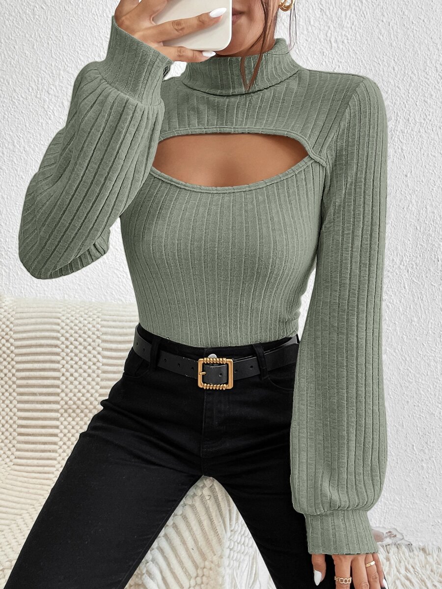 SHEIN Privé Cut Out Front Mock Neck Tee - Green - View 1