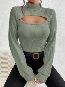 SHEIN Privé Cut Out Front Mock Neck Tee - Green - View 3