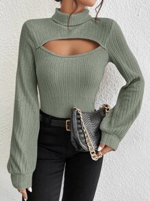SHEIN Privé Cut Out Front Mock Neck Tee - Green - View 4
