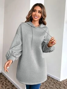 SHEIN LUNE Bishop Sleeve Drawstring Hoodie - Grey - View 1