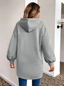 SHEIN LUNE Bishop Sleeve Drawstring Hoodie - Grey - View 2