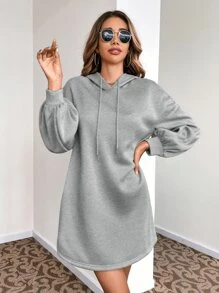 SHEIN LUNE Bishop Sleeve Drawstring Hoodie - Grey - View 3