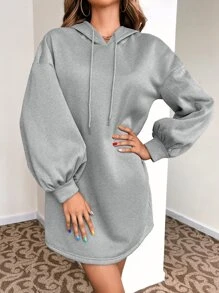 SHEIN LUNE Bishop Sleeve Drawstring Hoodie - Grey - View 4