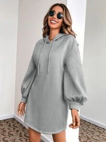 SHEIN LUNE Bishop Sleeve Drawstring Hoodie - Grey - View 5