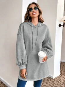 SHEIN LUNE Bishop Sleeve Drawstring Hoodie - Grey - View 6
