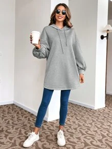 SHEIN LUNE Bishop Sleeve Drawstring Hoodie - Grey - View 7
