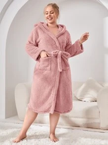 Bata de dormir con diseño de oreja 3D con capucha con cinturón de franela sin forro - Rosa vieja - Ver 1