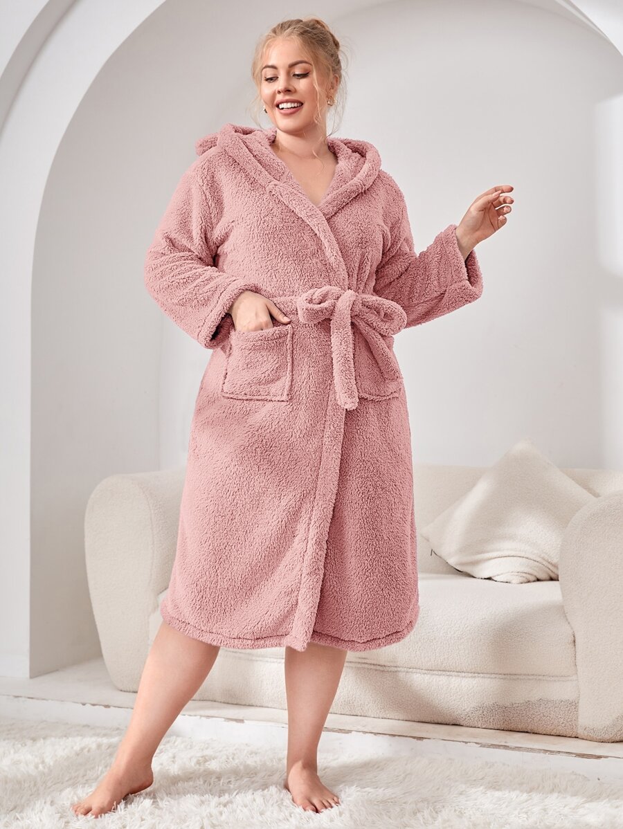 Bata de dormir con diseño de oreja 3D con capucha con cinturón de franela sin forro - Rosa vieja - Ver 1
