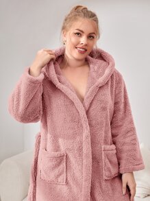 Bata de dormir con diseño de oreja 3D con capucha con cinturón de franela sin forro - Rosa vieja - Ver 3