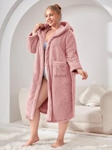 Bata de dormir con diseño de oreja 3D con capucha con cinturón de franela sin forro - Rosa vieja - Ver 4