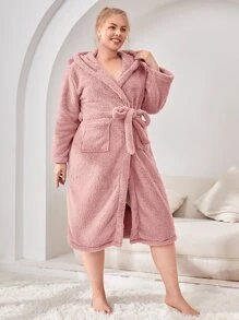 Bata de dormir con diseño de oreja 3D con capucha con cinturón de franela sin forro - Rosa vieja - Ver 5