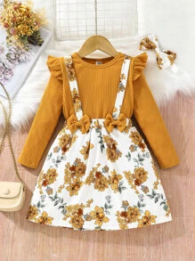 SHEIN Toddler Girls Floral Print Bow Front Ruffle Trim 2 In 1 Dress - Multicolor - View 1